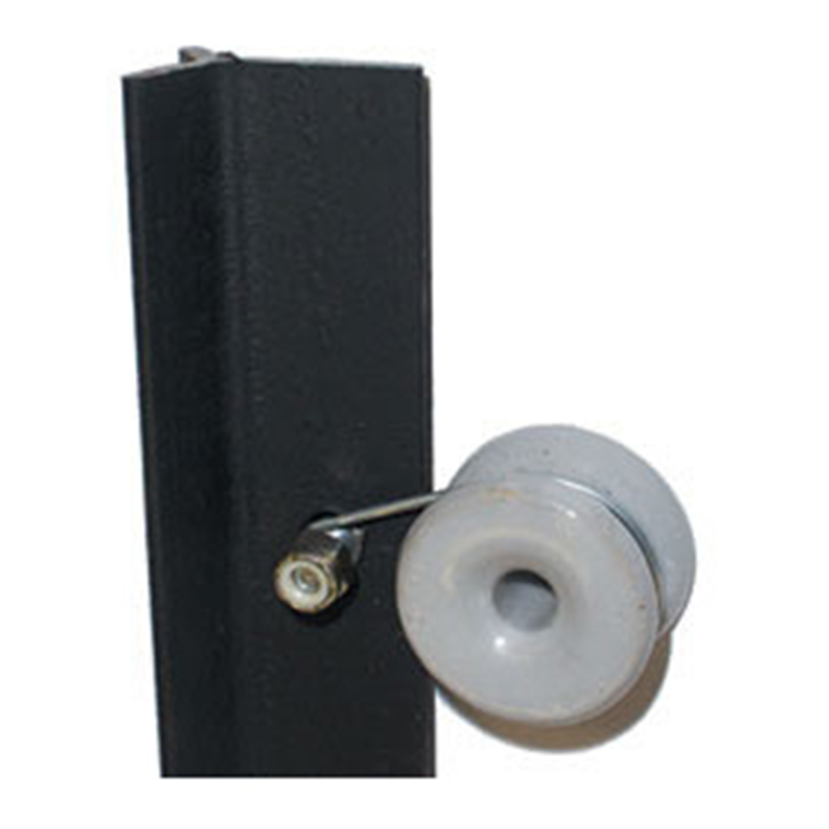 Fire-resistant 41mm white porcelain Gallagher Clipbolt Insulator with a black nylon nut.