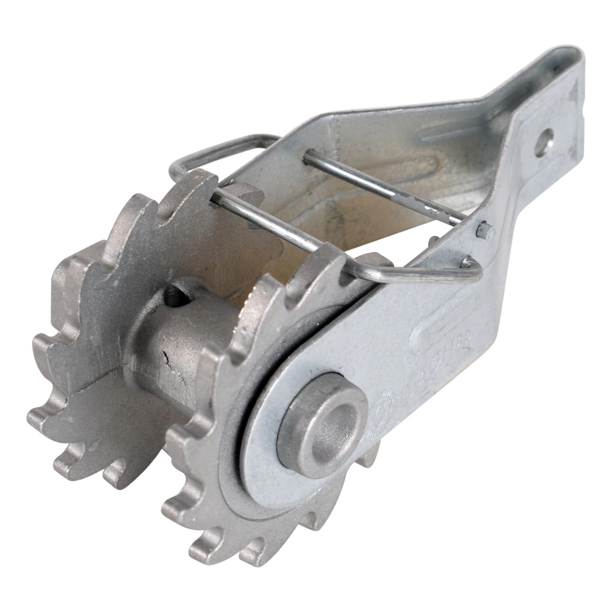 Steel ratchet wire strainer and tensioner assembly, isolated on a clean white background.