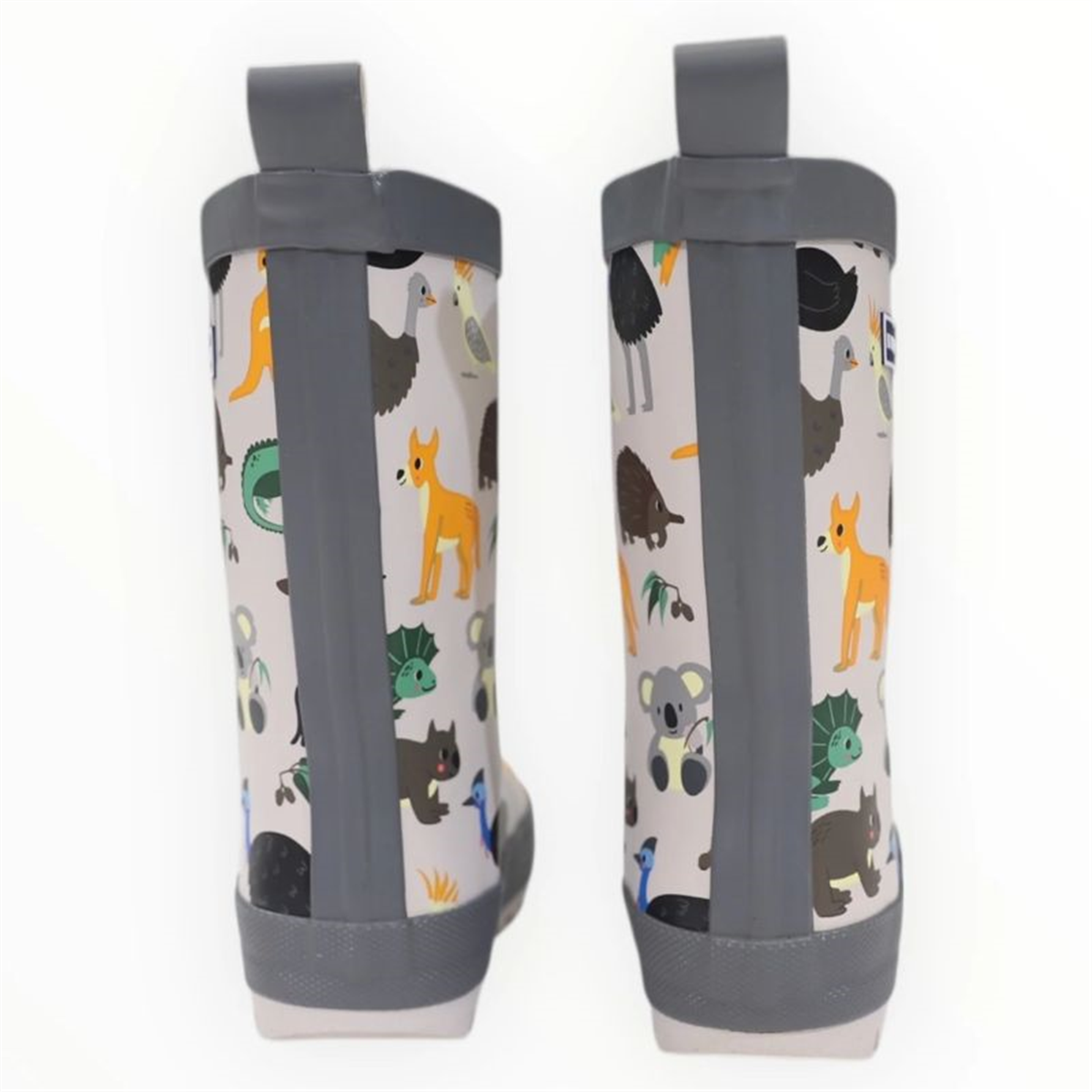 Korango children's rain boot with a grey trim and an Australian animal pattern featuring koalas and kangaroos, shown from a back view