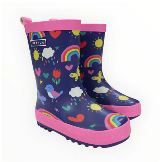 Korango girls' rain boot featuring rainbow, bird, and butterfly patterns, shown in side view.