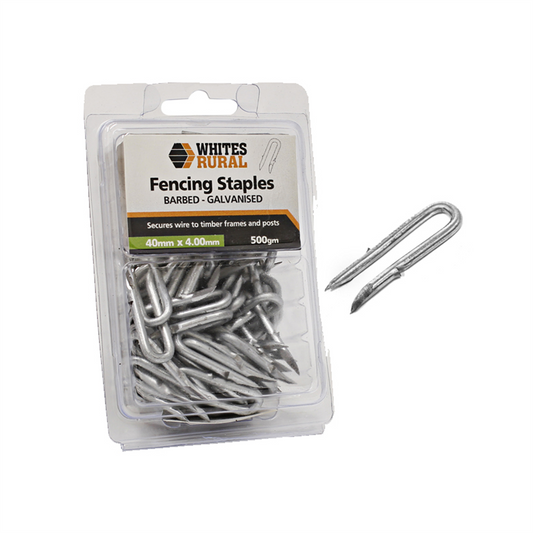 Pack of Whites Rural 4.0m fencing staples with a single staple on a white   background