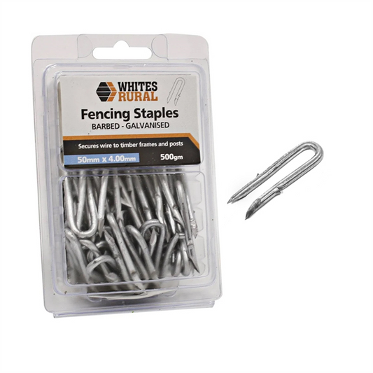 Packaging of Whites Rural fencing staples with a single staple on a white background