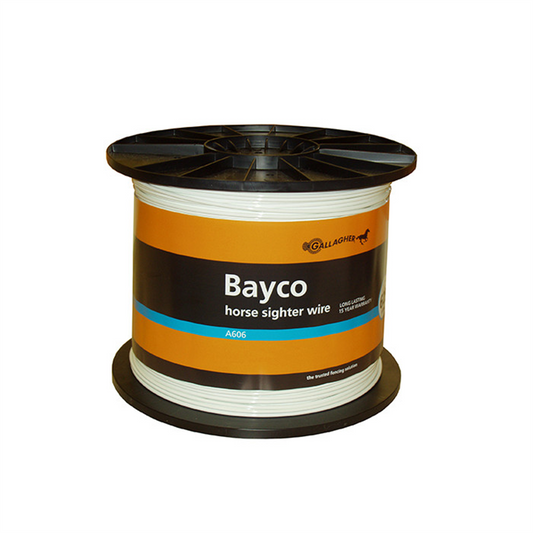 A spool of Gallagher Bayco 4mm equine sighter wire wrapped in a black and orange brand label, displaying product specifications for horse fencing.