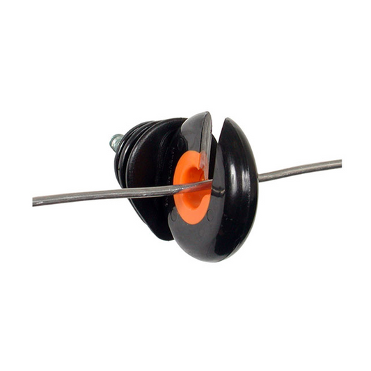 Black Gallagher Screw-in Ring Insulator with an orange wear indicator loop on a steel timber screw.