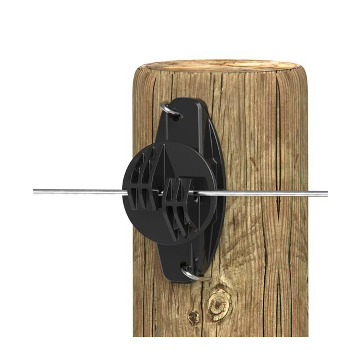 Black UV-stabilised plastic Gallagher Wood Post Claw Insulator with extra-strength jaws and a heavy-duty arcing shield