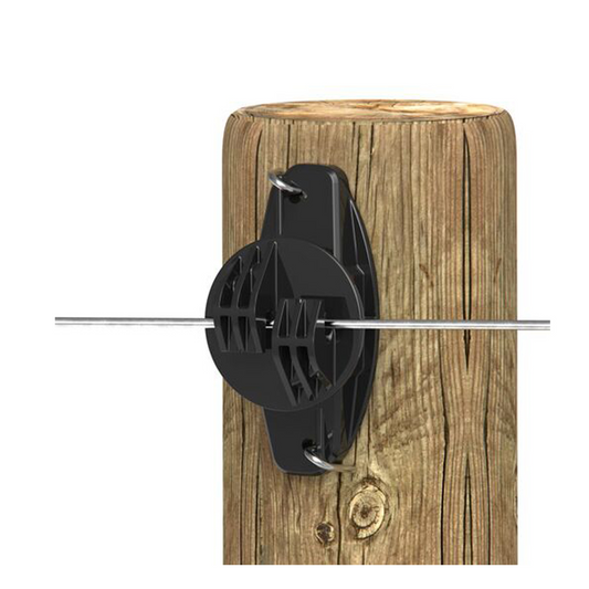 Black UV-stabilised plastic Gallagher Wood Post Claw Insulator with extra-strength jaws and a heavy-duty arcing shield