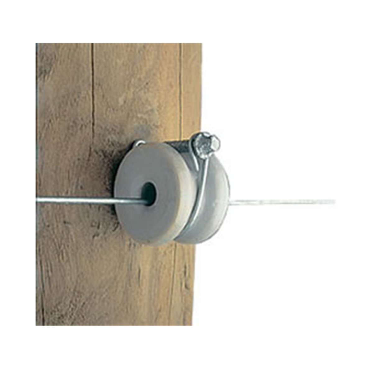 White porcelain Gallagher Drive Screw Insulator mounted on a threaded timber screw.