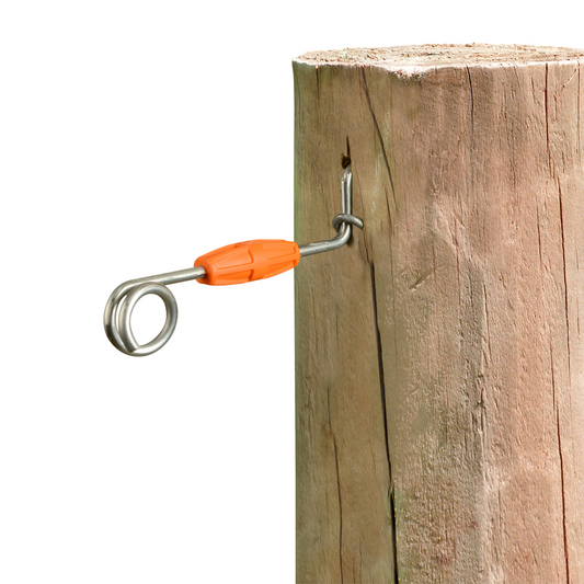 A 160mm Gallagher Live Tip Offset spring steel outrigger screw for timber posts.