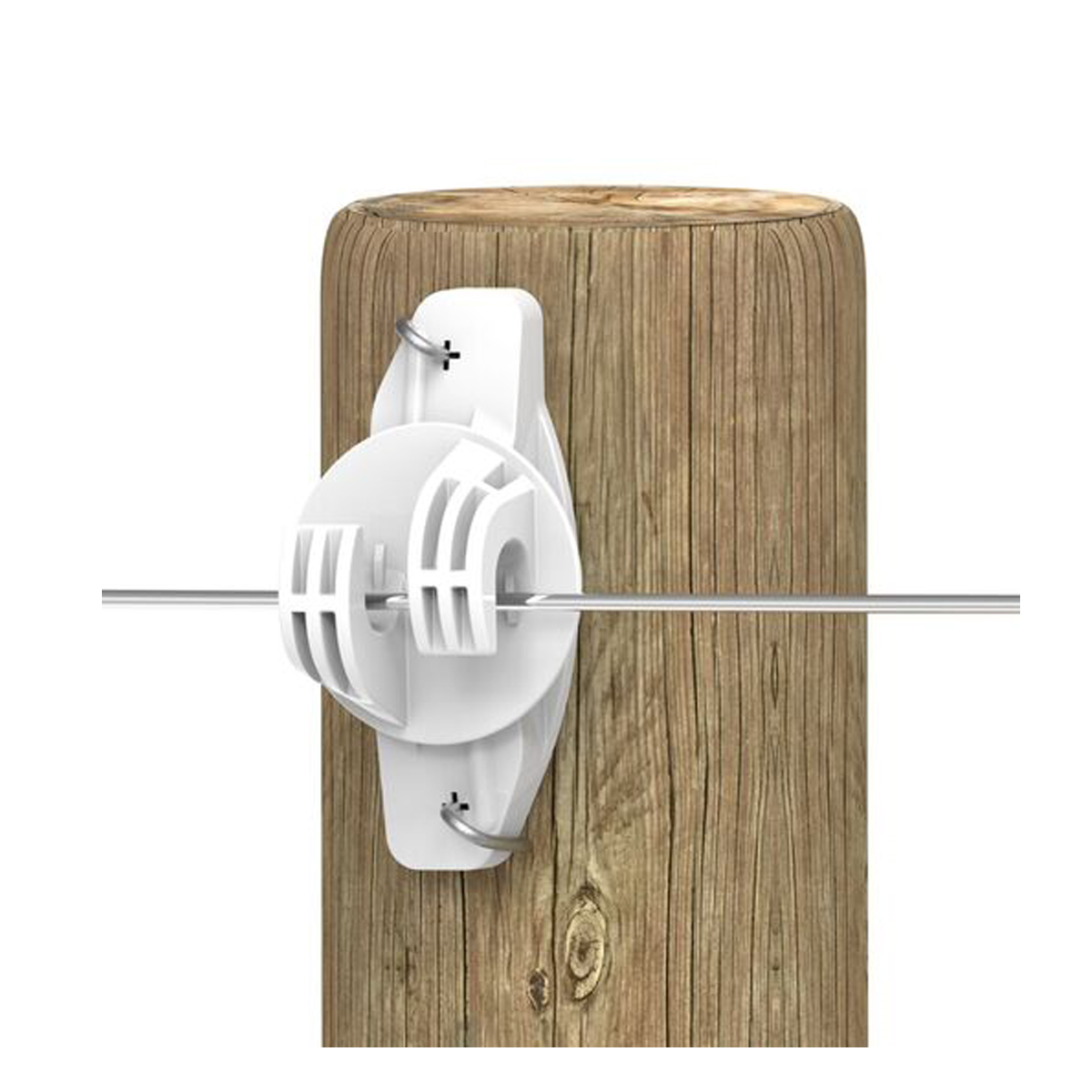 White Gallagher wide jaw claw insulator mounted on a wooden electric fence post.