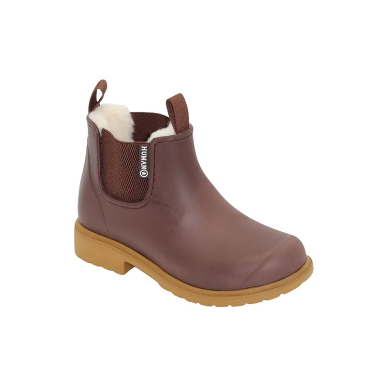 Brown rubber ankle gumboot boot with white fur lining on a white background