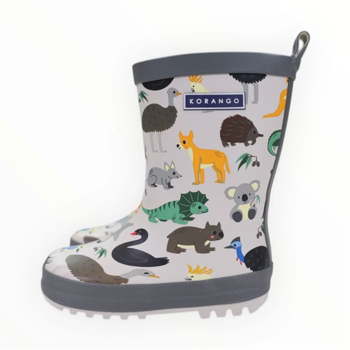 Korango children's rain boot with a grey trim and an Australian animal pattern featuring koalas and emus, shown from a side view