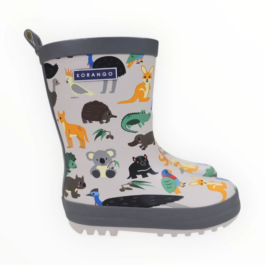 Korango children's rain boot with a grey trim and an Australian animal pattern featuring koalas and kangaroos, shown from a side view