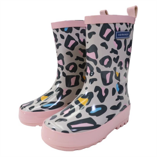 Korango children's rain boots with colourful leopard print and pink trim