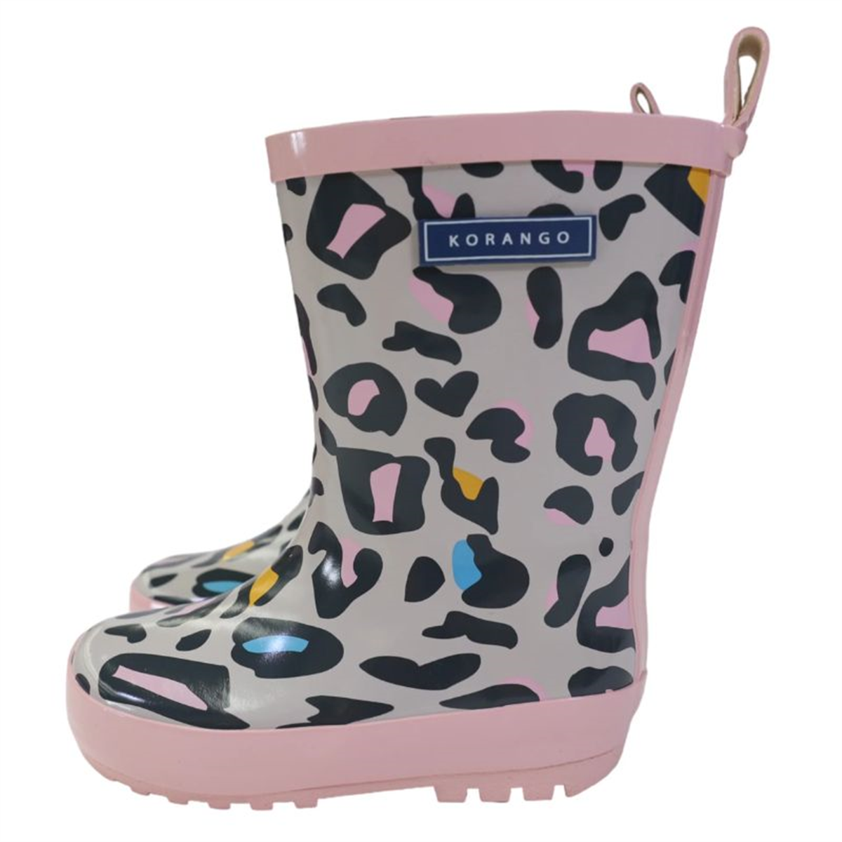 Side profile of Korango children's leopard print rain boots showing pink trim