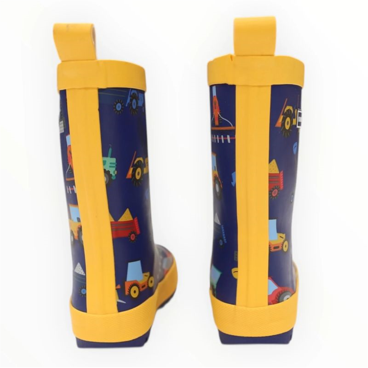 Korango children's rain boots with tractor pattern and yellow soles, back view