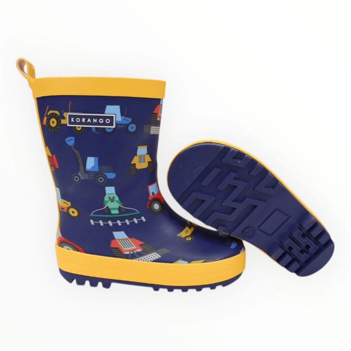 Korango children's rain boots with tractor pattern and yellow soles, side and sole view