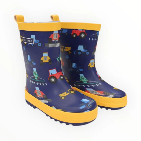 Korango children's rain boots with tractor pattern and yellow soles, front right angle view