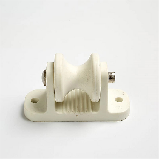 A heavy-duty Roller Post Insulator for Wood Posts made of UV-stable glass-filled nylon, featuring stainless steel roller pins designed to cleanly tension high-strain equine braid or rope.
