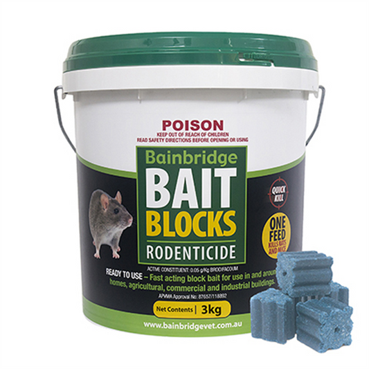 Bainbridge Rodent Bait Blocks – 3kg (Brodifacoum 0.05g/kg)